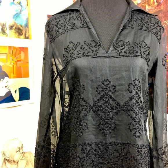 MEGAN PARK black sheer silk beaded collared blouse - Picture 3 of 13